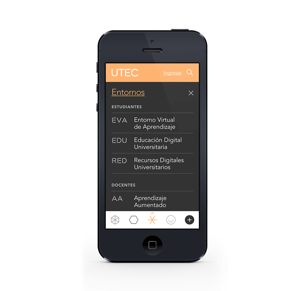 Mobile view of website menu, "Entornos"