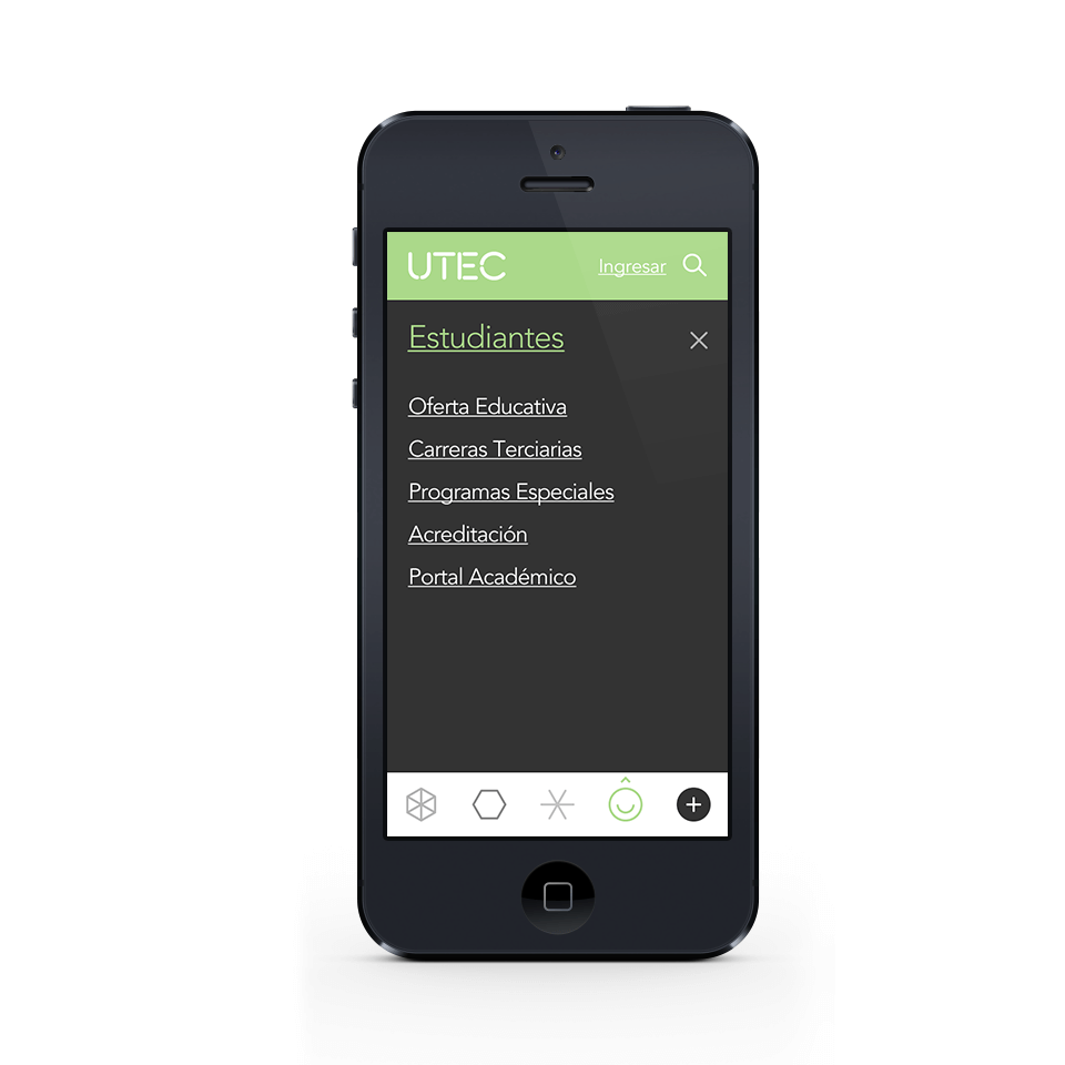 Mobile view of website menu, Estudiantes
