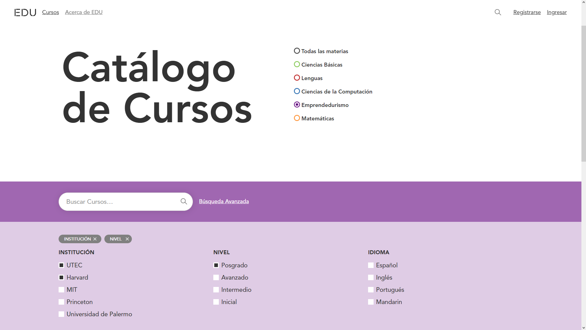 Desktop view of website, "Cursos" page
