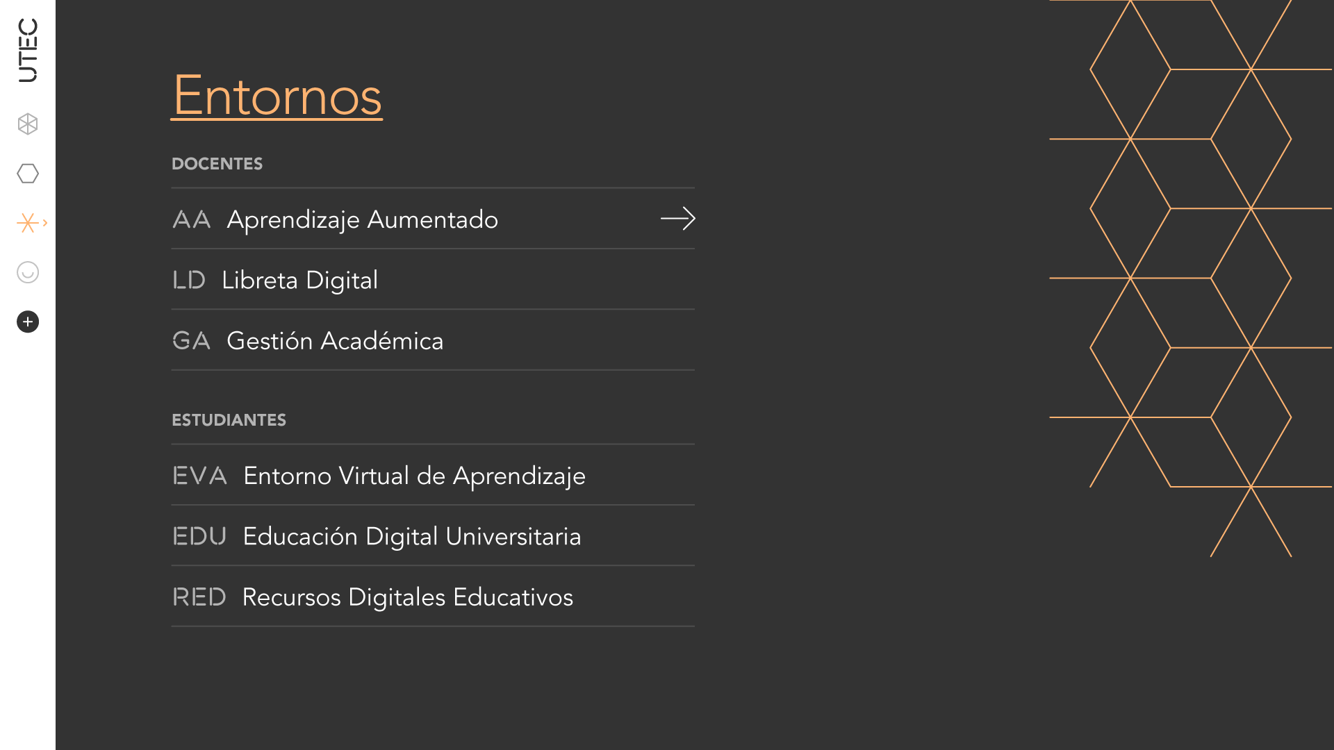 Desktop view of website Menu, Entornos